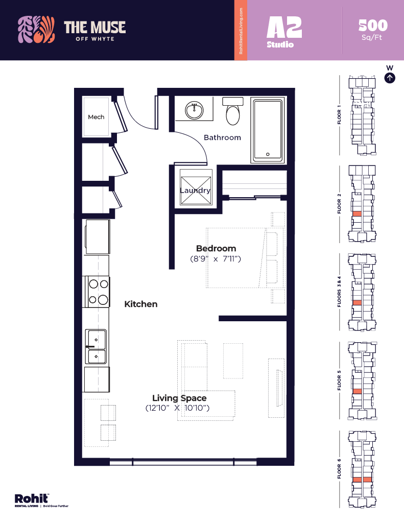 Floor plan for 1 bed, 1 bath, 500 sqft